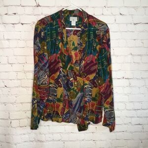 VTG George Georgiou Women's Geom. Print 100% Silk Long Sleeve Blouse Cyprus  14
